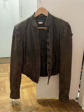 Peruvian Connection Brown Leather Button-Front Moto Jacket